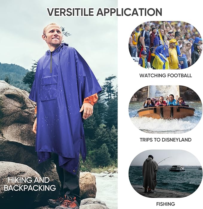 PTEROMY Hooded Rain Poncho for Adult with Pocket, Waterproof Lightweight Unisex Raincoat for Hiking Camping Emergency