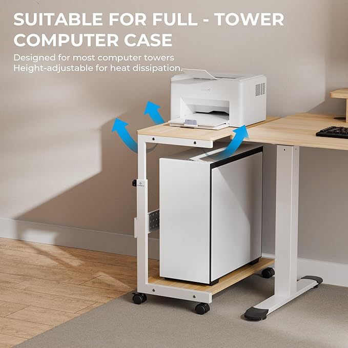 EUREKA ERGONOMIC PC Stand Computer Cart, Height Adjustable Tower Stand 2-Tier for ATX Case Printer, Rolling Cart on Wheels for Home Office Gaming