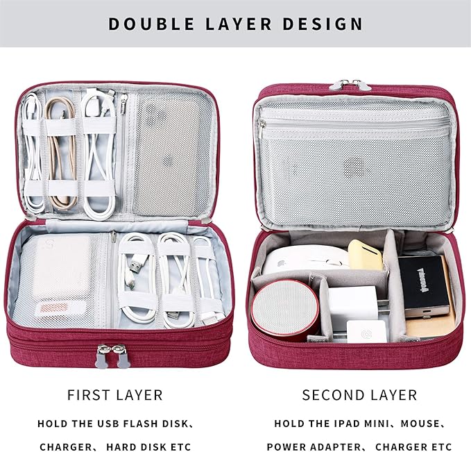 Travel Cable Organizer Bag, Electronic Accessories Case Portable Double Layer Cable Storage Bag for Cord,phone,Charger, Flash Drive, Phone, SD Card,Personal Items - (Red)