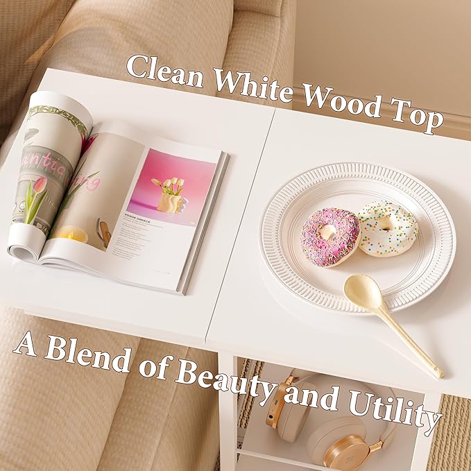 Rolling Side Table with Storage, White Bedside Table with Wheels, Accent C Table for Sofa, Portable Desk on Wheels, Modern Night Stand, Overbed Table for Bedroom, C Shaped End Tables Living Room, Dorm