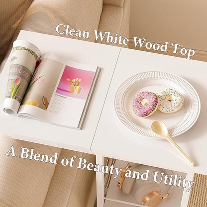 Rolling Side Table with Storage, White Bedside Table with Wheels, Accent C Table for Sofa, Portable Desk on Wheels, Modern Night Stand, Overbed Table for Bedroom, C Shaped End Tables Living Room, Dorm