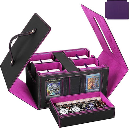 Card Deck Box for MTG with Commander Display, 5 in 1 Card Storage Box Fits 400+ Double-sleeved Cards, Deck Case for TCG Sports Cards with Dividers, Dice Tray, Magnetic Card Holders, Black Purple