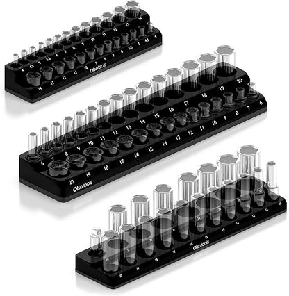 Olsa Tools Magnetic Socket Organizer | 3 Piece Socket Holder Kit | 1/2-Inch, 3/8-Inch, & 1/4-Inch Drive | Metric Black | Holds 75 Sockets | Professional-Grade