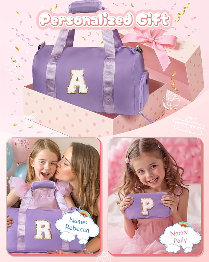 Girls Cheer Up Gifts-Girl Gym Bag with Shoe Compartment, Kid Personalized Weekender Overnight Bags, Initial Travel Tote with Makeup Pouch, Graduation Gift for Niece Kids Daughter (Letter K)