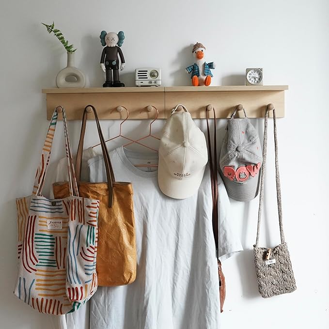 Entrance Coat Rack ，Coat Hooks, Wall-Mounted Wooden Hook Rack, Wall-Mounted Shelves are Very Suitable (2PC-Birch Colored Finish)
