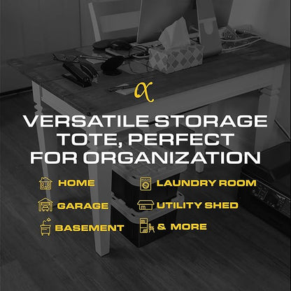 BLACK & YELLOW, 5-Gallon Heavy Duty Tough Storage Container & Snap-Tight Lid, (8.6"H x 12.3"W x 16.4"D), Weather-Resistant Design and Stackable Organization Tote [6 Pack]