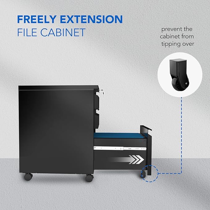 FLEXISPOT 3-Drawer Mobile File Cabinet for Home Office - Under Desk Storage, Locking Keys, Organizer for Legal/Letter/A4 Files, Black