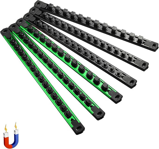 ALOANES 6-Piece Magnetic Socket Organizer, Heavy Duty Aluminum Socket Rails Organizer, 360° Swivel Clips Socket Holder Kit for Tool Box, 1/2, 3/8, 1/4-Inch Socket Holder x 80 Clips (Green&Black)