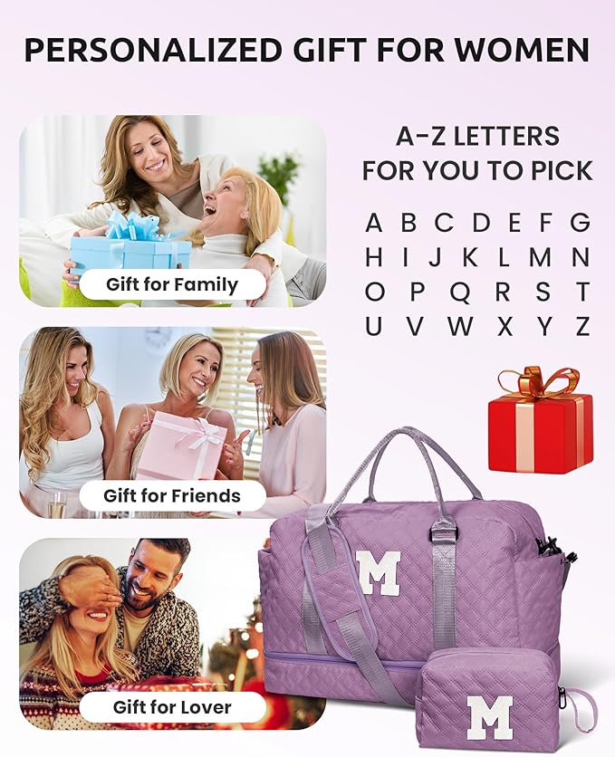 Weekender Bags for Women Travel, Personalized Weekender Bag with Shoulder Strap, Monogram Overnight Bag for Women with Trolley Sleeve & Wet Pocket, Letter Travel Bag (Letter J)