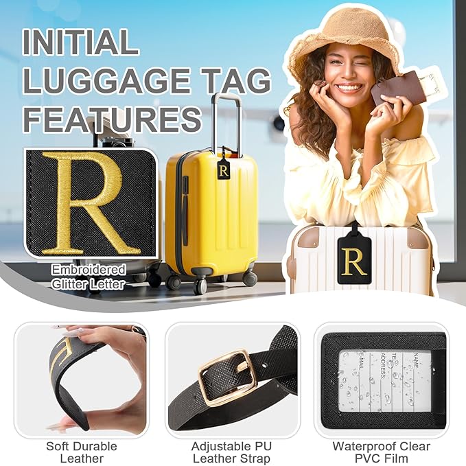 Personalized Initial Luggage Tags for Suitcase TSA Approved, Black Leather Cute Luggage Tag with Privacy Cover Name Card, Embroidered Custom Luggage Tags Travel Backpack Tags Gifts for Women Kids(R)