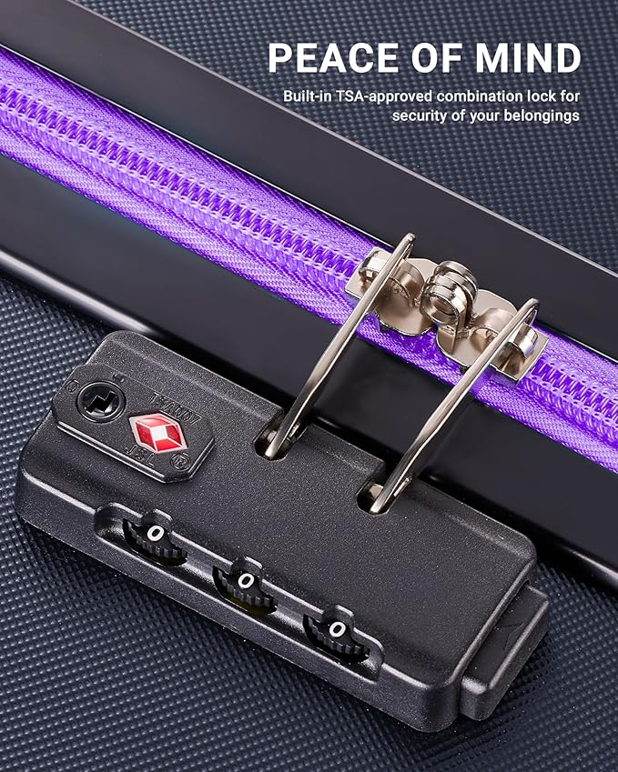 Luggage Sets 3 Piece, Carry On and Checked Hardside Lightweight Suitcase with Spinner Wheels and TSA Lock (20/24/28 inch), Purple