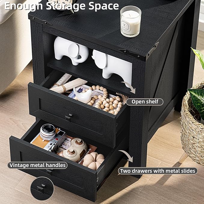 Night Stands with Charging Station Set of 2, Farmhouse Nightstand, Wooden Bedside End Tables with 2 Drawers and Open Shelf, Bed Side Table for Bedroom, Living Room, Closet, Office (Black)