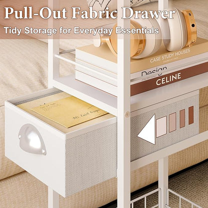 Rolling Side Table with Storage, White Bedside Table with Wheels, Accent C Table for Sofa, Portable Desk on Wheels, Modern Night Stand, Overbed Table for Bedroom, C Shaped End Tables Living Room, Dorm