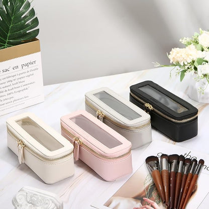 Aveniee Clear Makeup Brush Bag, Slim Brush Holder Cosmetic Case, Small Travel Toiletry Bag for Women, Thin Make up Bags with Dual Zipper, Cute Travel Essentials Srorage Bag,Hotpink