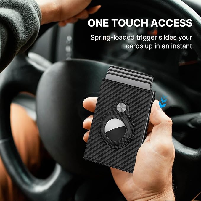 Mens Smart Wallet Card Holder for AirTag: Leather, Compatible with Apple Air Tag, RFID Blocking, Slim, Carbon Fiber, Minimalist - 9-14 Card Capacity | ID Window | Cash Slot (Black)