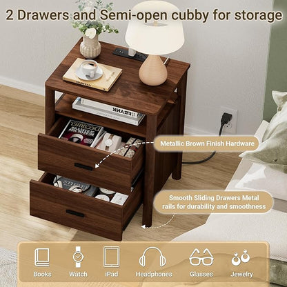 Night Stand Set of 2 with Charging Station, 20" Large Modern Side Table with Solid Round Post Legs, 2 Drawers End Table with Open Shelf, Nightstand for Bedroom, Walnut