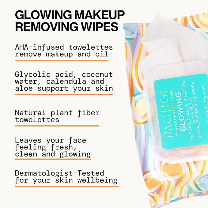 Pacifica Makeup Remover Face Wipes - Daily Facial Cleansing & Exfoliating Towelettes - Biodegradable - Organic - w/ Gycolic Acid - Clean Beauty Vegan & Cruelty-Free Dermatologist Tested 30 Count