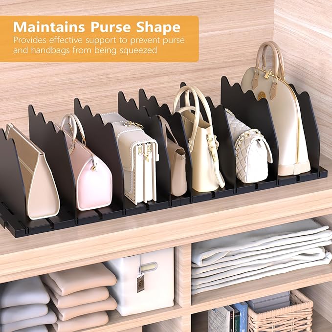 Ronlap Purse Storage Organizer for Closet, Black Closet Bag Storage Dividers Rack Shelf Purse Dividers for Closet Organization Handbag Separators Closet Purse Organizers and Storage, 4 Pack, Black