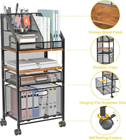 Rolling File Cart with 2 Storage Drawers Multipurpose Book Letter Organizer Carts with Lockable Wheels Wood&Mesh Rolling File Organizer Space-Saving Cart for Office Supplies