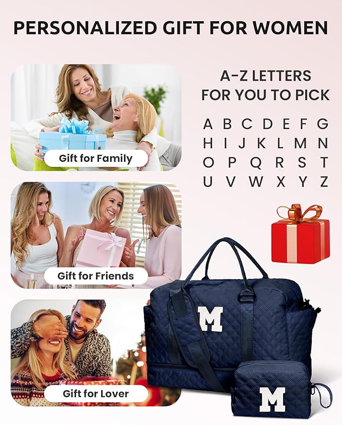 Initial Duffle with Shoe Compartment, Personalized Weekender Bag with Shoulder Strap, Overnight Travel Bag with Makeup Pouch for Women (Letter E)