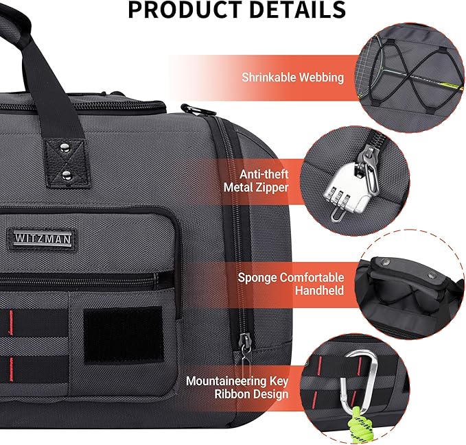 WITZMAN Travel Duffel Bags for Men Large Carry On Weekender Overnight Bag 3 in 1 Backpack with Shoe Compartment （B693 Silvery Grey)