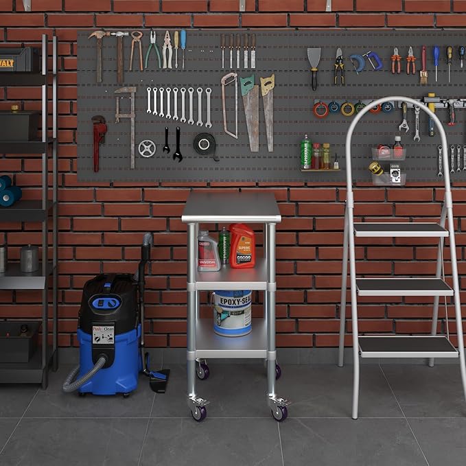 AmGood Stainless Steel Work Table with 2 Shelves and Casters | Metal Utility Table On Wheels (Stainless Steel Work Table with 2 Shelves + Casters, 18" Long x 24" Deep)