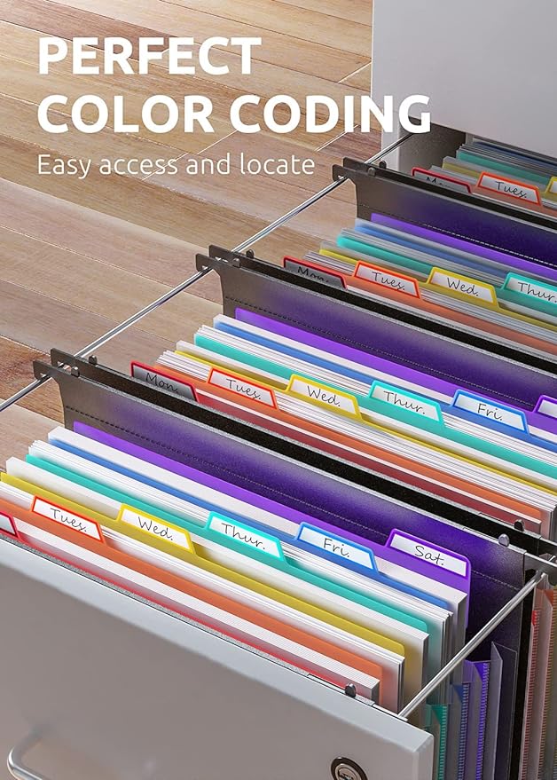 ThinkTex Plastic Expanding Hanging File Folders, 7 Innovative 1.2" Accordian Pockets, Large Capacity, Multi-Color Tabs, Letter Size for Filing Cabinet - 3 Packs