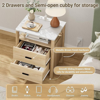 Night Stand with Charging Station, 20" Large Modern Nightstand with Faux Marble Top, 2 Drawers End Table with Solid Round Post Legs & Open Shelf for Bedroom, Natural Oak