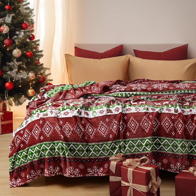 PHF Printed Fleece Blanket Twin Size, No Shed No Pilling Ultra Soft Plush Cozy Xmas Prints Theme Home Décor Flannel Blanket for Bed, Sofa, Couch and Gift, 66" x 90", Retro Christmas