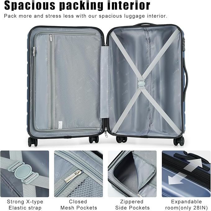 Coolife Luggage Suitcase Carry-on Spinner TSA Lock USB Port Expandable (only 28’’) Lightweight Hardside Luggage (Teal Blue, 3 piece set)