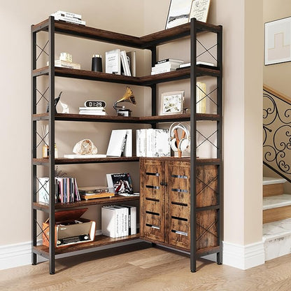 6-Shelf Corner Bookshelf, Vintage Industrial Corner Shelf Etagere Bookcase, Large Book Shelf with Metal Frame Open Storage Corner Cabinet (Brown-Lockers)