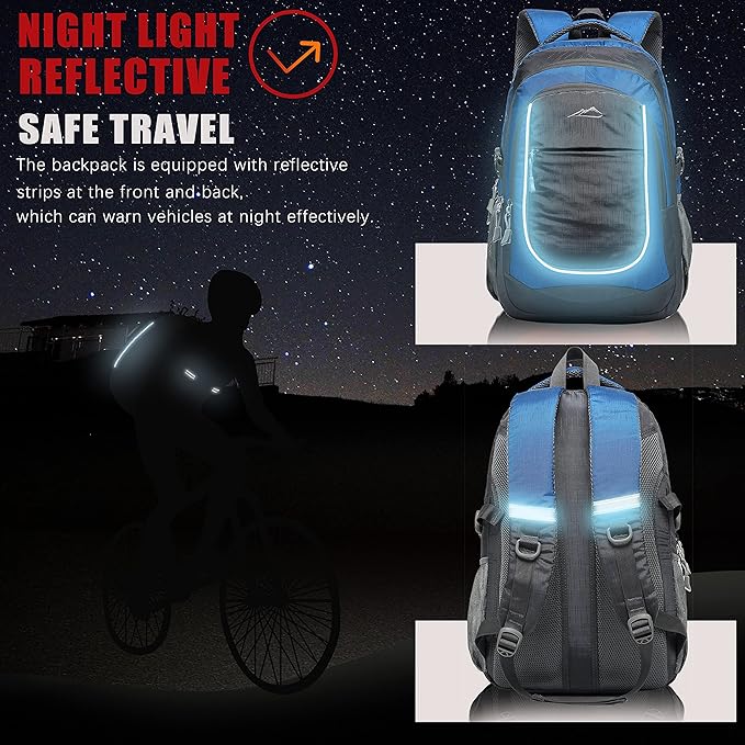 ProEtrade Backpack Bookbag for College Sturdy Travel Business Hiking Fit Laptop Up to 15.6 Inch Multi Compartment Gifts for Men Women Night Light Reflective (Blue)