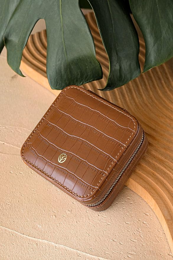 S.Leaf Travel Jewelry Box - Portable Case for Women - Mini Jewelry Organizer (12 Pattern Crocodile Brown 01)