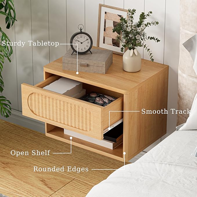 Floating Nightstands with Drawer Set of 2, Modern Wall Mounted Bedside Tables for Bedroom, Space Saving Storage Cabinets, Easy Install Hanging Shelf Night Stands for Small Spaces (Natural)