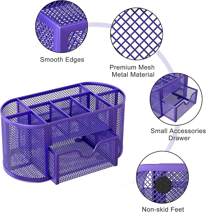 EasyPAG Mesh Pen Holder Desk Organizer with Drawer Stationery Supplies Organizer for Dorm School 9 Compartments Workspace Desk Accessories Organization for Office, Purple