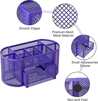 EasyPAG Mesh Pen Holder Desk Organizer with Drawer Stationery Supplies Organizer for Dorm School 9 Compartments Workspace Desk Accessories Organization for Office, Purple