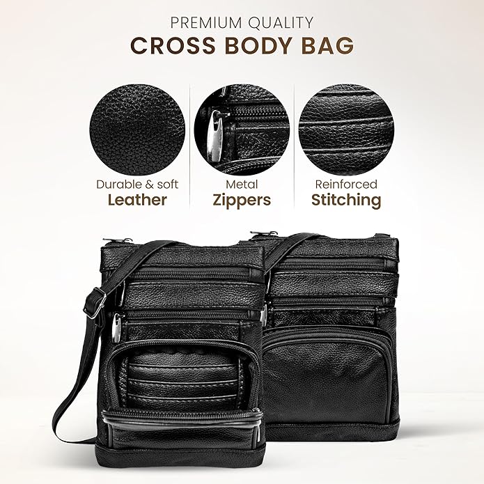 Krediz leather Crossbody Purses for Women, Multi Pocket Crossbody Purse with Adjustable Strap, Soft & Durable Leather Purse