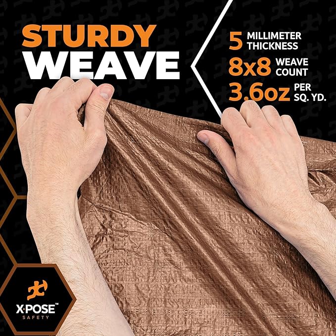 Multipurpose Protective Cover Brown Poly Tarp 8' x 15' (2-Pack) - Durable, Water Resistant, Weather Resistant - 5 Mil Thick Polyethylene - by Xpose Safety