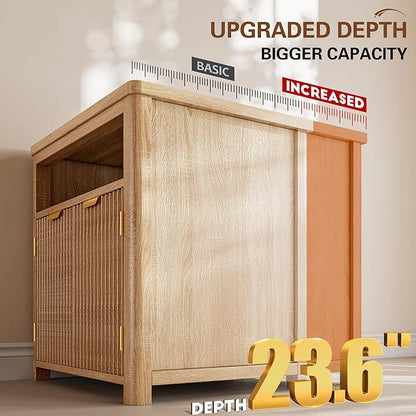 Fluted Nightstand with Charging Stations, 23.6" Wide Natural Oak Nightstand with Storage Drawers, Side Tables, Modern Farmhouse End Tables for Bedroom, Natural Oak