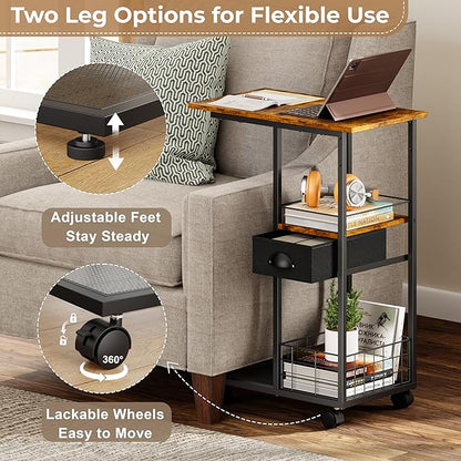 C Shaped Sofa Side Table with Wheels, Rolling Small Coffee Table with Drawer, Portable TV Tray Table for Couch, Bedside Table with Storage, Narrow Nightstand for Bedroom, End Tables Living Room