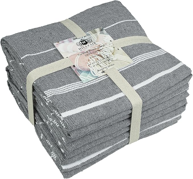 HILLFAIR Cotton Turkish Beach Towels, Quick Dry Lightweight Sand Free Peshtemal Towel for Bath Swim Yoga Spa Travel, Beach Accessories, Oversized Cotton Turkish Towels (39 x 72 inch- 4 Pack Grey)