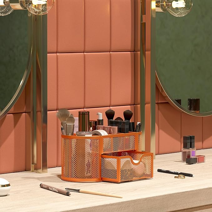 EasyPAG Mesh Pen Holder Desk Organizer with Drawer Stationery Supplies Organizer for Dorm School 9 Compartments Workspace Desk Accessories Organization for Office, Orange