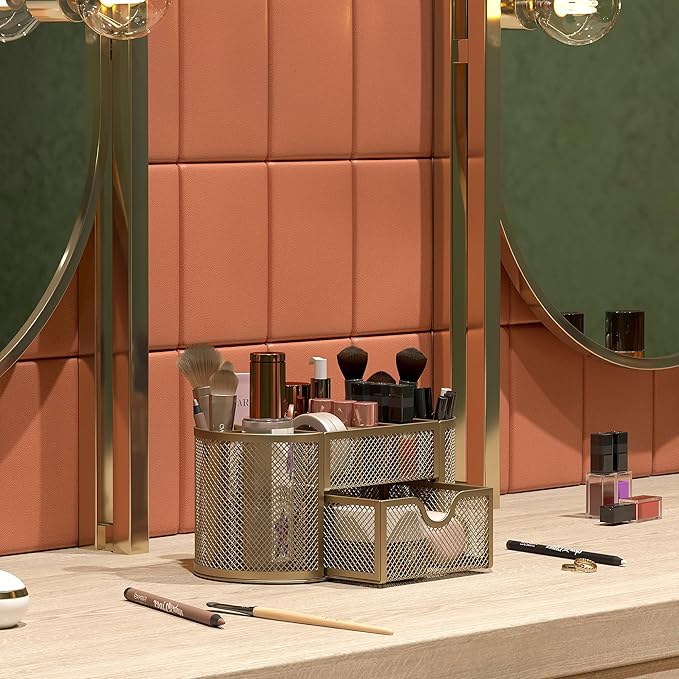 EasyPAG Mesh Pen Holder Desk Organizer with Drawer Stationery Supplies Organizer for Dorm School 9 Compartments Workspace Desk Accessories Organization for Office, Gold