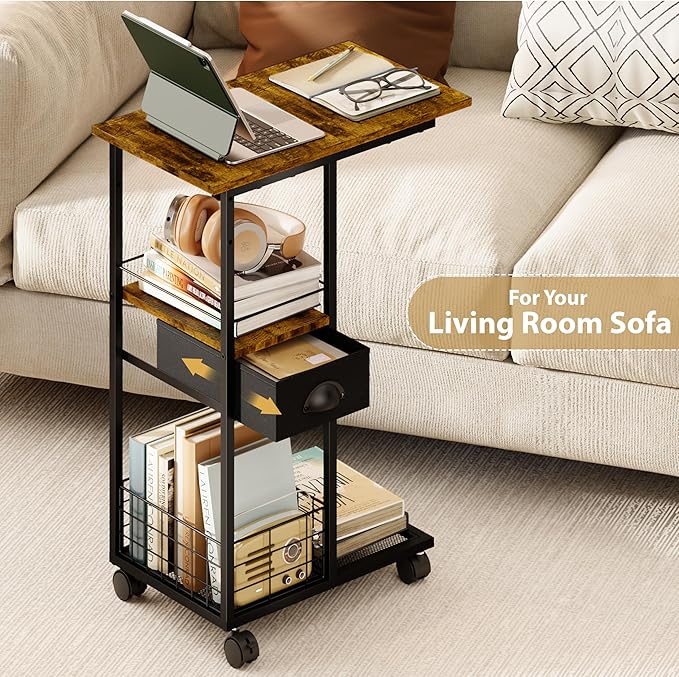 C Shaped Sofa Side Table with Wheels, Rolling Small Coffee Table with Drawer, Portable TV Tray Table for Couch, Bedside Table with Storage, Narrow Nightstand for Bedroom, End Tables Living Room