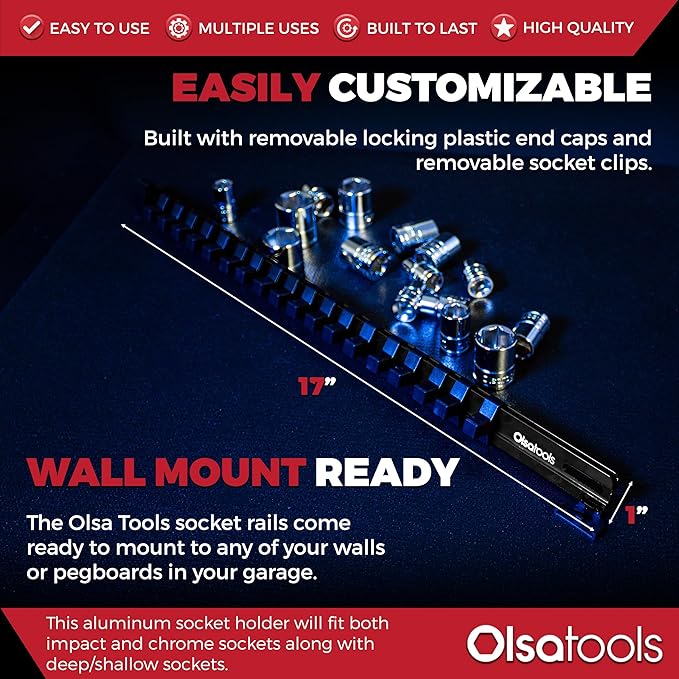 Olsa Tools Aluminum Socket Organizer with Locking End Caps - 3/8-Inch Drive - Black Socket Holder Rails for Chrome or Impact Sockets - Compact and Durable Socket Storage Solution - Part: 1179