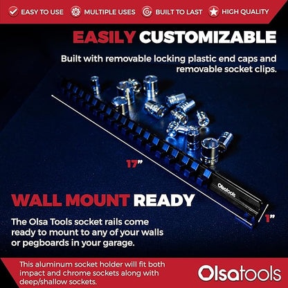 Olsa Tools Aluminum Socket Organizer with Locking End Caps - 3/8-Inch Drive - Black Socket Holder Rails for Chrome or Impact Sockets - Compact and Durable Socket Storage Solution - Part: 1179