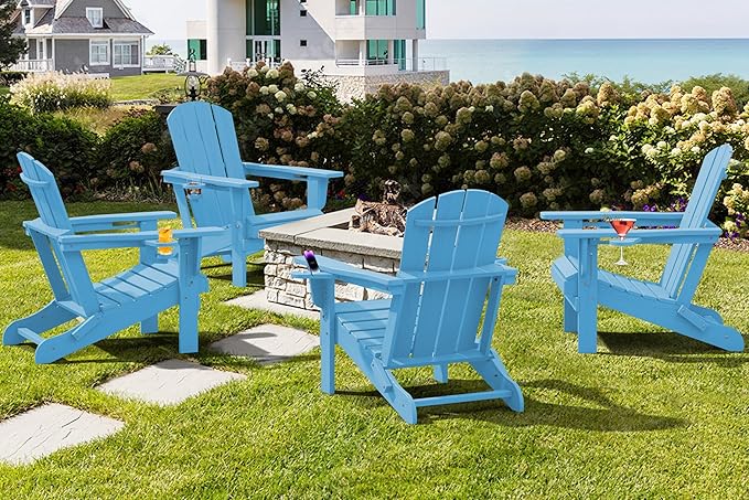 SERWALL Adirondack Chair with Cup Holders - Composite Adirondack Chairs HDPE Outdoor Chairs Set of 2 All Weather Use- Light Blue