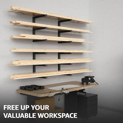 YYR Wood Organizer and Lumber Storage Rack Wall Mount, Heavy Duty Metal Shelf with 6-Level Holds Up 1200 LBS, Indoor & Outdoor Use - Black