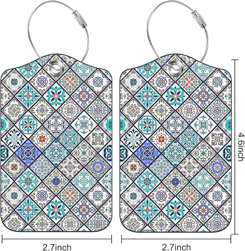 2 Pack Luggage Tags Colorful Moroccan Portuguese Tiles PU Leather Baggage Tag with Privacy Cover Stainless Steel Loop and Name ID Card for Men Women Travel Bag Luggage Accessories