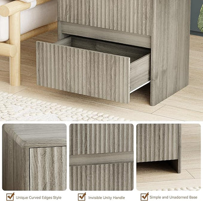 Fluted Nightstand, 23" Wood Bedside Table with 2 Storage Drawers, Modern Night Stand for Bedroom, Office, Grey